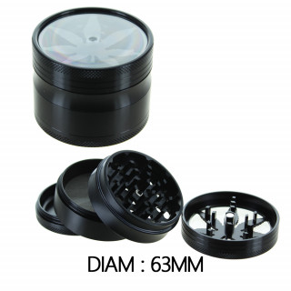 Grinder Alu Noir Motif Feuille - "Leaf" - 63mm