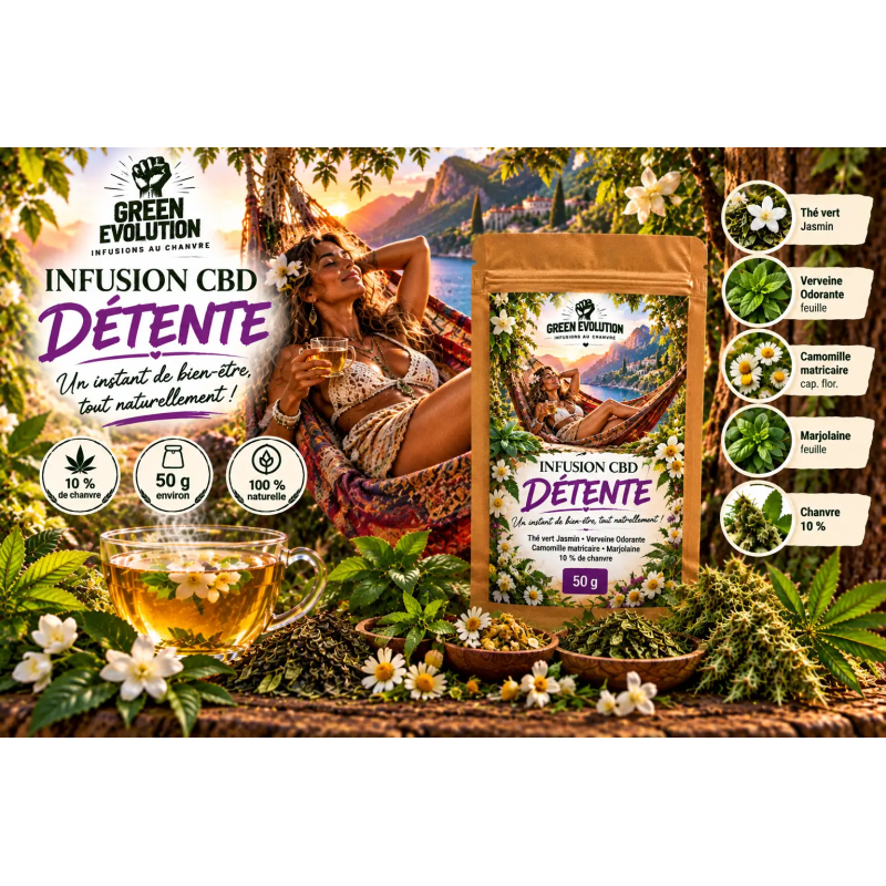 Infusion CBD Détente 50 g – Jasmin | Green Evolution
