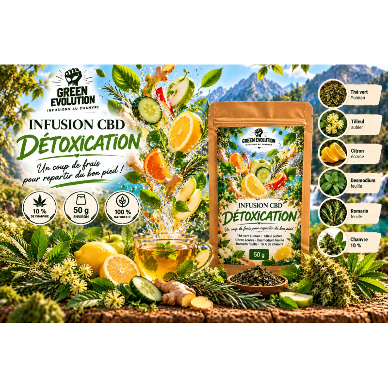 Infusion CBD Détox 50 g – Citron & Chanvre | Green Evolution